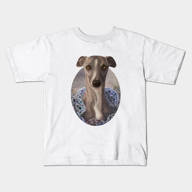 Whippet & Hydrangeas Kids T-Shirt by VEROfojt